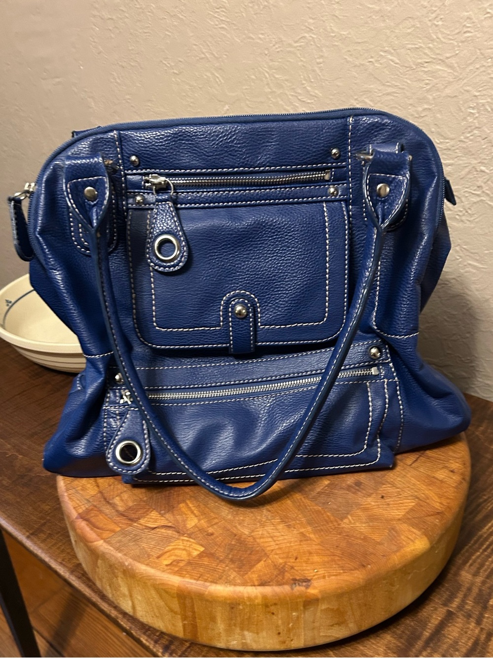 Franco Sarto Navy Blue Shoulder Tote with Front Zip Pockets